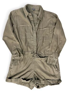 Aerie Olive Utility Romper Tie Waist Button Front Pockets Small